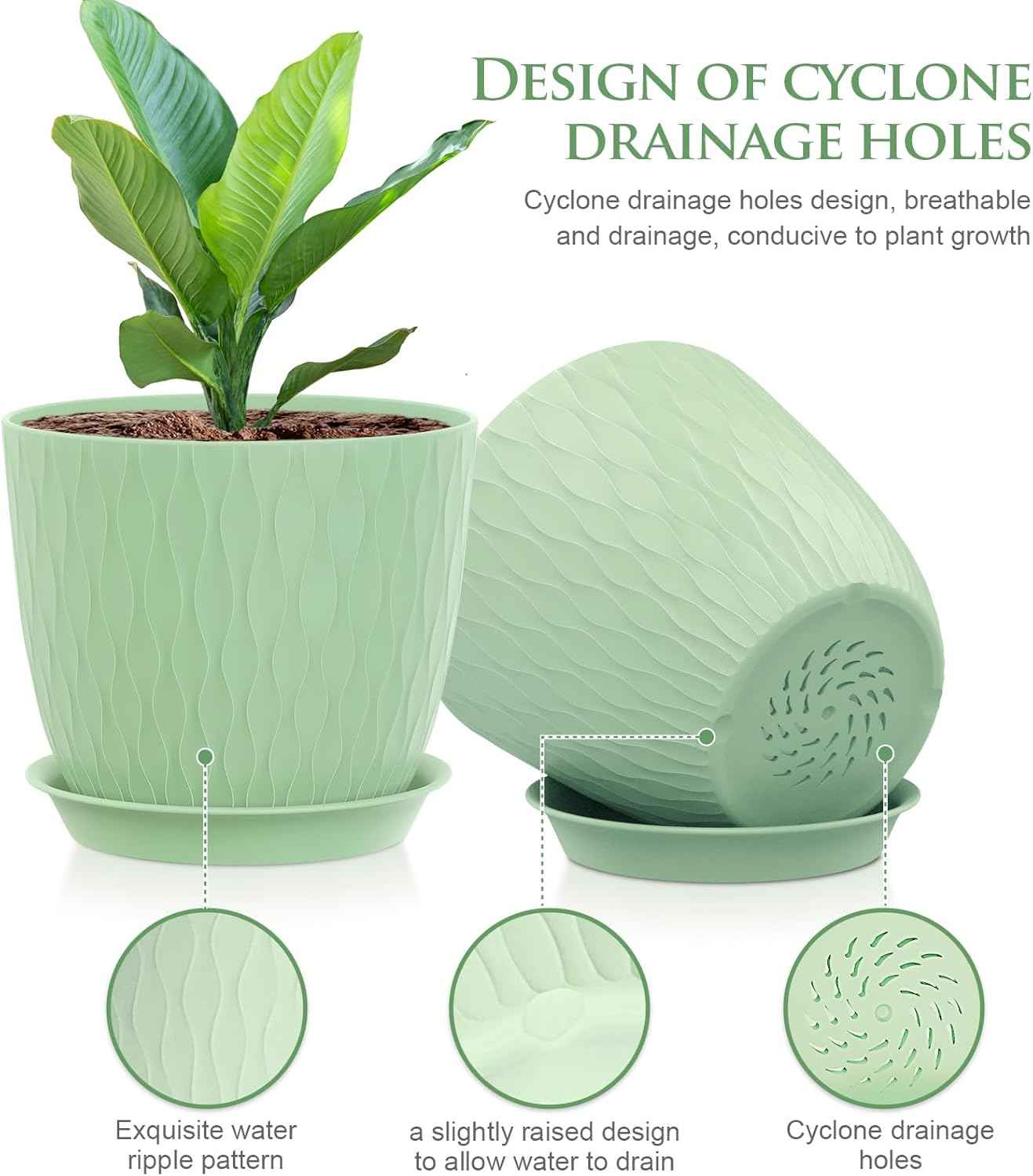 WSMKSZ 7 inch Plant Pots, 5 Pack Flower Pots with Drainage Holes and Saucers for Indoor Plants, Plastic Planters with Water Ripple for Small Garden House Plants, Nursery Pots for Succulent, Colorful