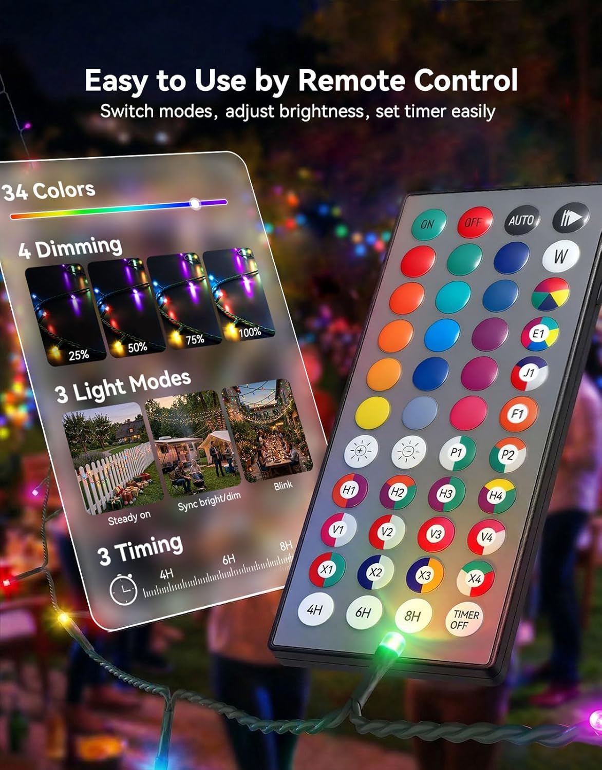 LitHome 34 Colors Solar String Lights Outdoor with Remote, 33FT 100 LED Solar & USB Powered Christmas String Lights, Waterproof Color Changing Light for Garden Patio Yard Tree Fence Decor