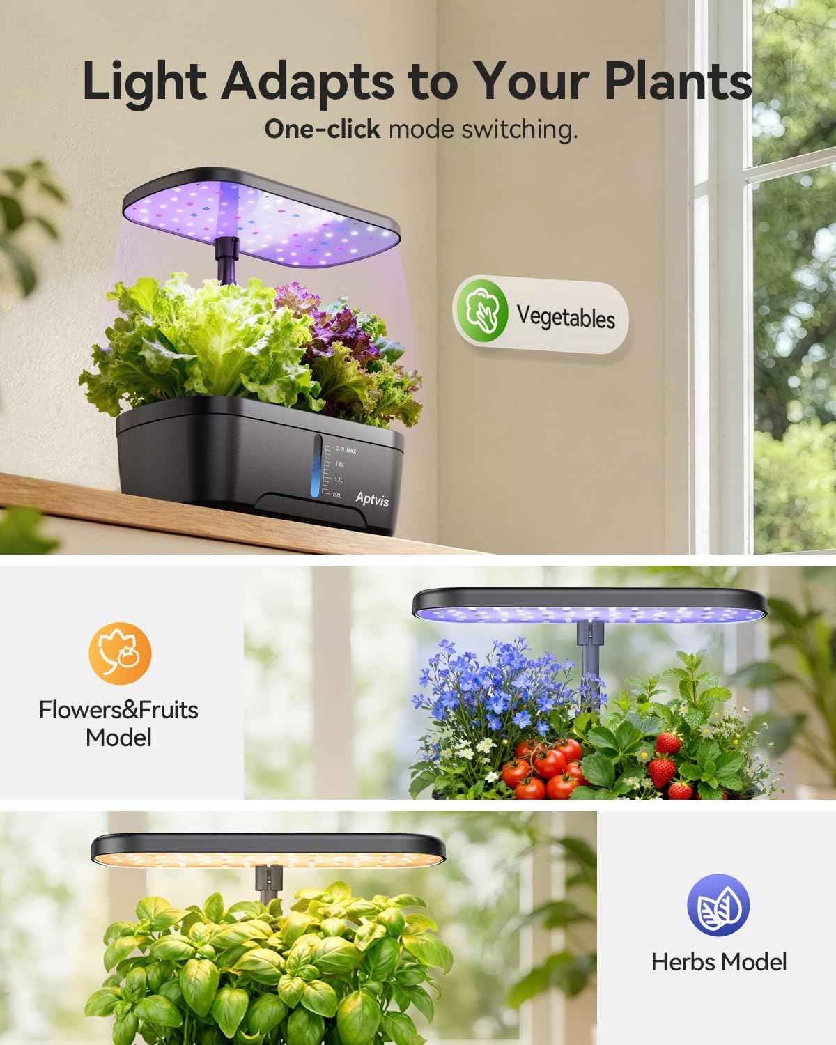 Hydroponics Growing System, 6 Pods Smart Indoor Herb Garden with LED Grow Light, Auto Timer, Height Adjustable, Quiet Pump, Gardening Gifts for Mom Women - Black
