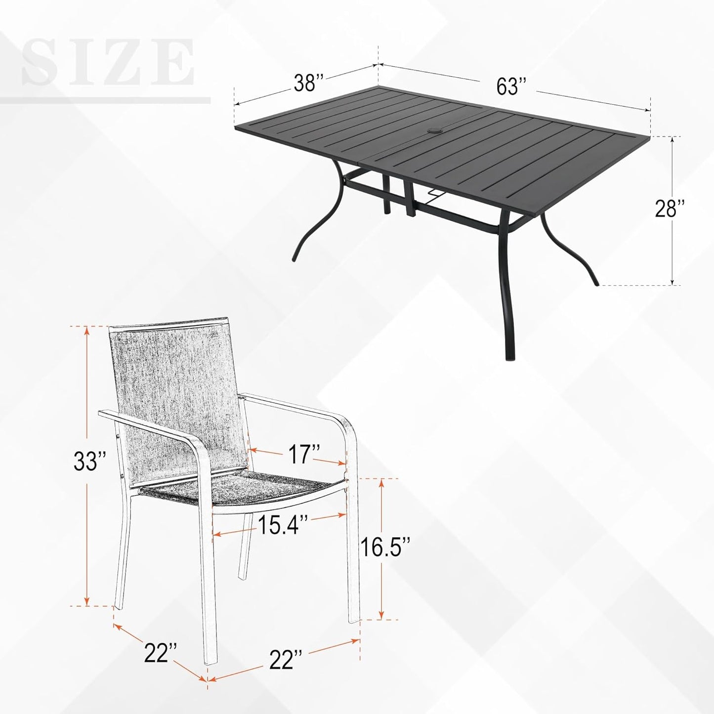 7-Piece Outdoor Patio Dining Set, 6 Stackable Patio Chairs & Rectangular Dining Table with All Weather Frame Furniture Set - Gray