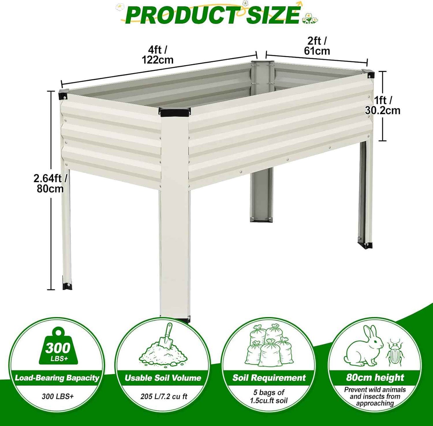 Galvanized Raised Garden Bed with Legs 2 Pack, 48x24x32in Elevated Raised Garden Bed Outdoor with Drainage Holes, Planter Boxes for Gardening Vegetable Flower Fruit in Backyard, Patio, Balcony (White)