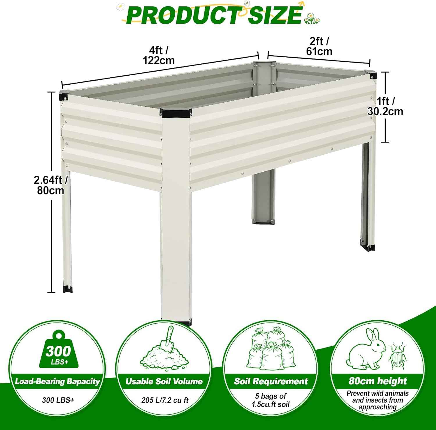 Galvanized Raised Garden Bed with Legs 2 Pack, 48x24x32in Elevated Raised Garden Bed Outdoor with Drainage Holes, Planter Boxes for Gardening Vegetable Flower Fruit in Backyard, Patio, Balcony (White)