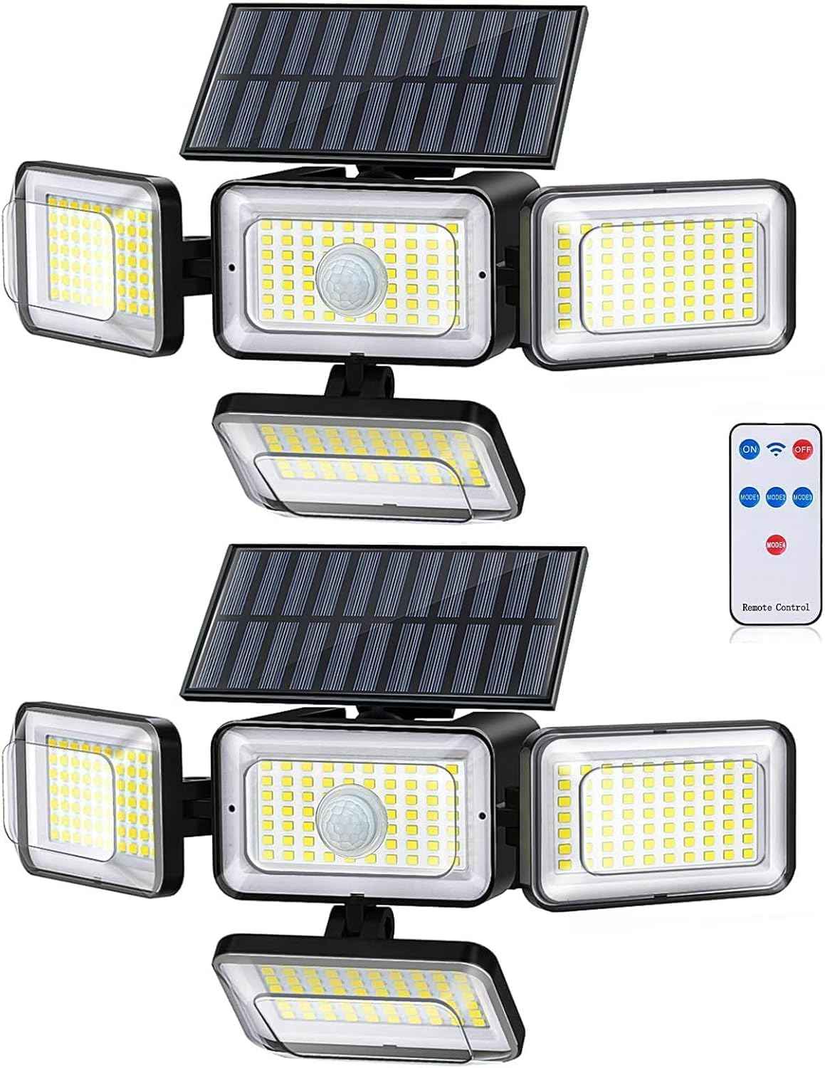 Solar Outdoor Lights, IP65 Waterproof Motion Sensor Outdoor Lights with Remote Control, 4 Heads Solar Flood Wall Lights for Outside Yard Pack of 2