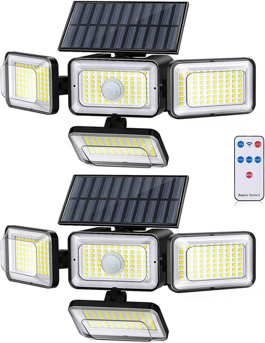 Solar Outdoor Lights, IP65 Waterproof Motion Sensor Outdoor Lights with Remote Control, 4 Heads Solar Flood Wall Lights for Outside Yard Pack of 2