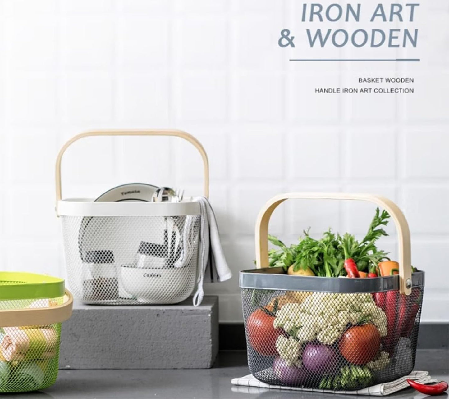 Metal Mesh Steel Basket, Storage Organizer Basket Multi-functional Hanging Kitchen Baskets Fruit Basket with Wooden Handle for Kitchen Bathroom Picnic Shopping Decor Cabinet Home, Grey