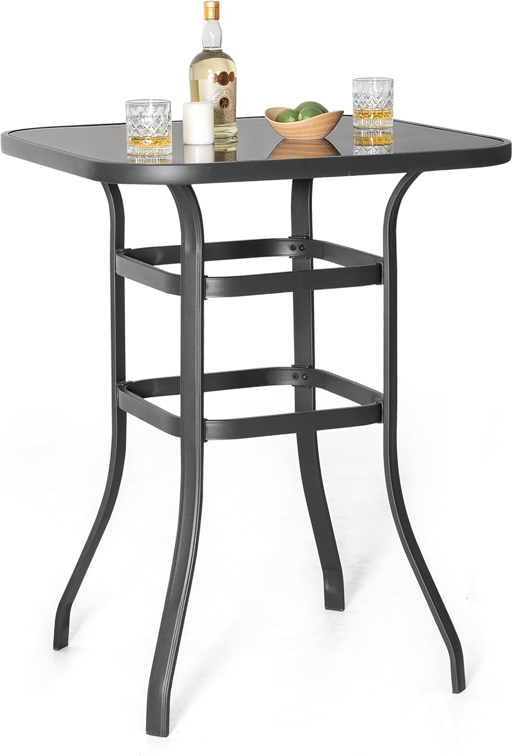 NUU GARDEN 5 PCS Patio Bar Set, Outdoor Tempered Glass Square Bar Table and Textilene Swivel Bar Stools with High Backrest, Bar Height Outdoor Table and Chairs for Patio, Garden, Backyard and Balcony