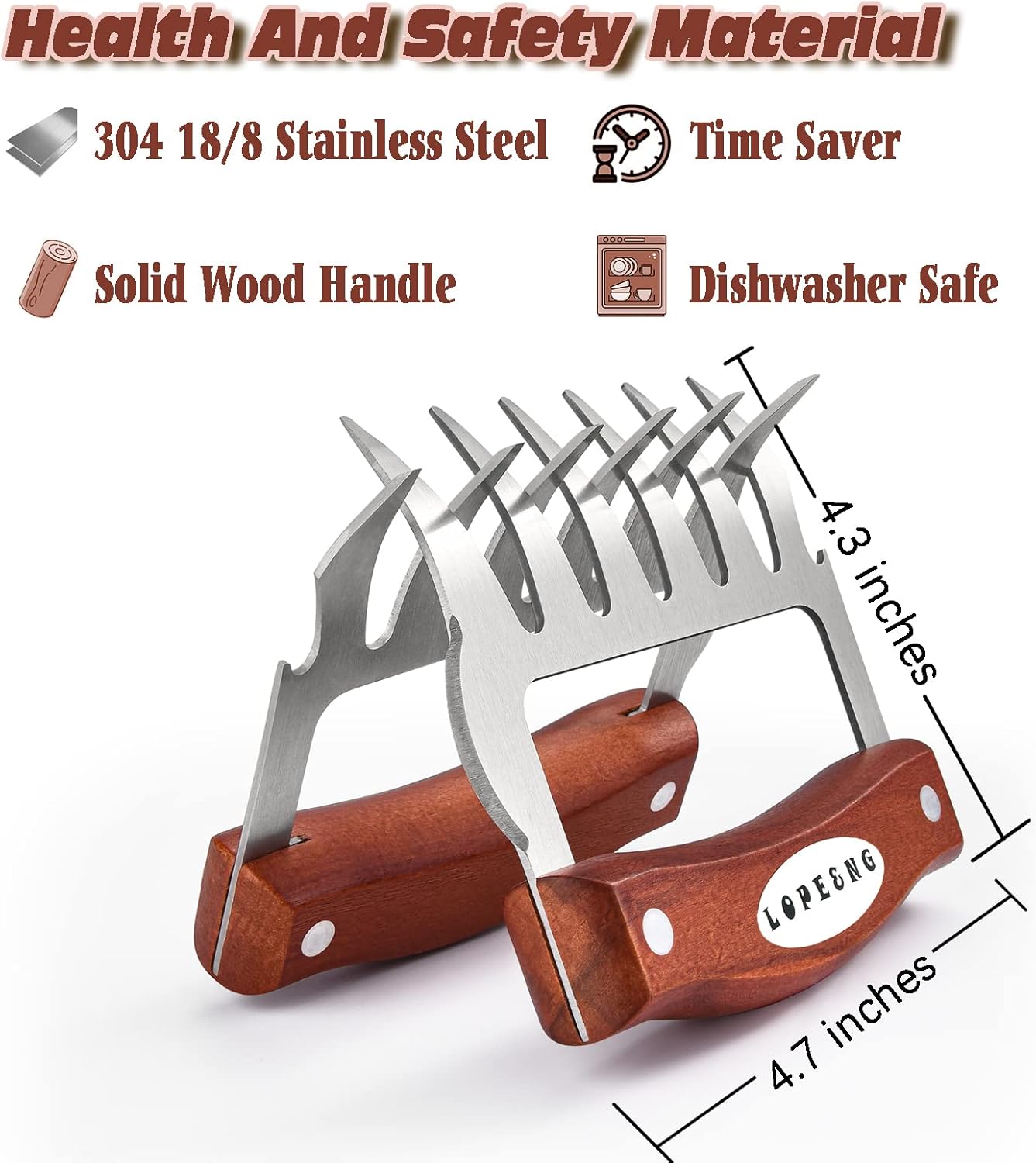 LOPE & NG Meat Handler Shredder Claws Set Of 2 - Wood Stainless Steel BBQ Pulled Pork Paws For Shredding Handing Carving Food - Lumora Garden