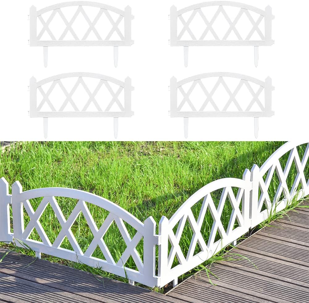 Sungmor Plastic White Garden Picket Fence, Grass Lawn Flower Beds Landscaping Edging Borders, Outdoor Path Fence Panels, Pack of 8, Lightweight & Easy Installation