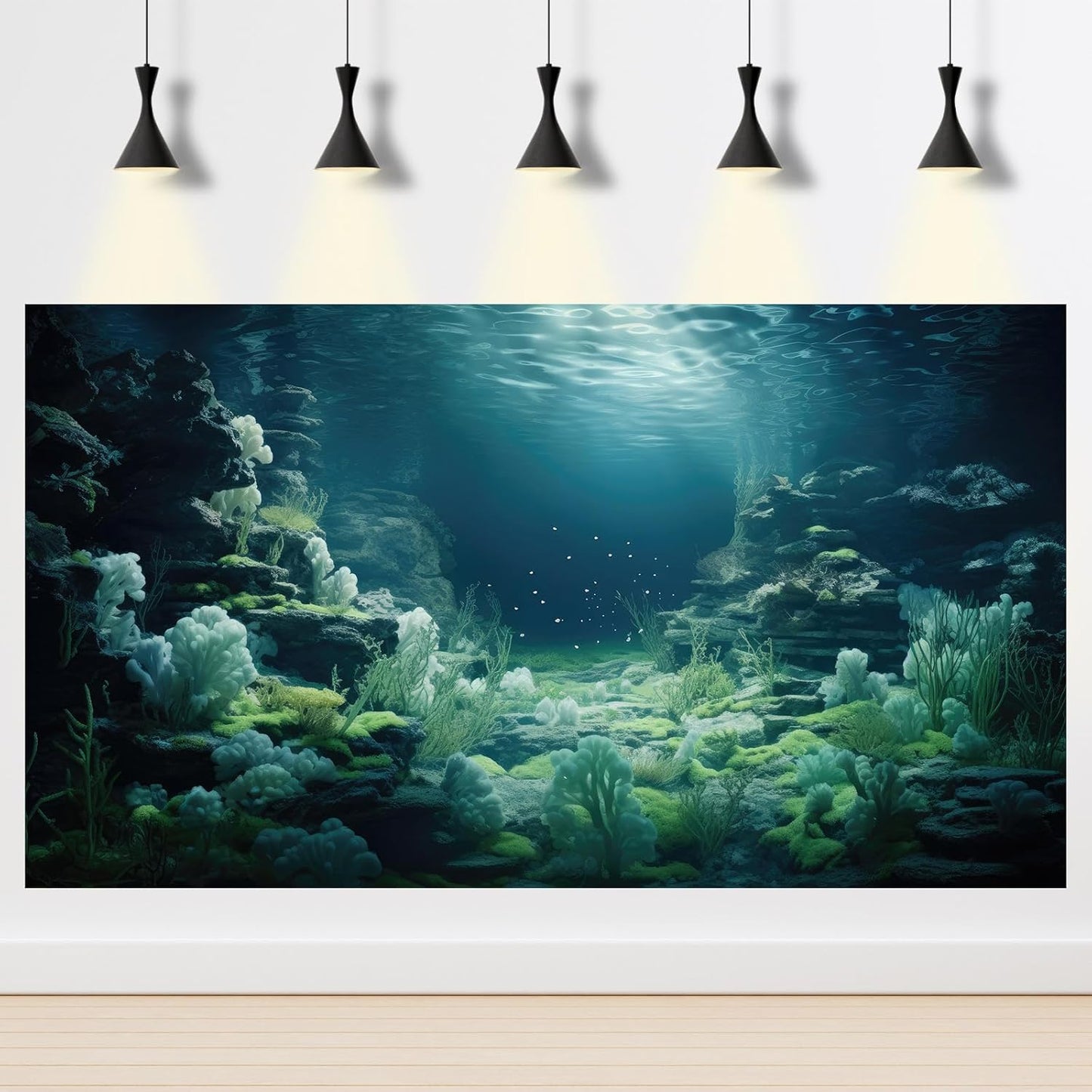 Aquarium Background Underwater Bioluminescent Life Coral Terrarium Backdrop White Coral Lush Moss Fish Tank Background Rock Sunlight Rays Tank Aquarium Wallpaper Poster Vinyl 36x18in