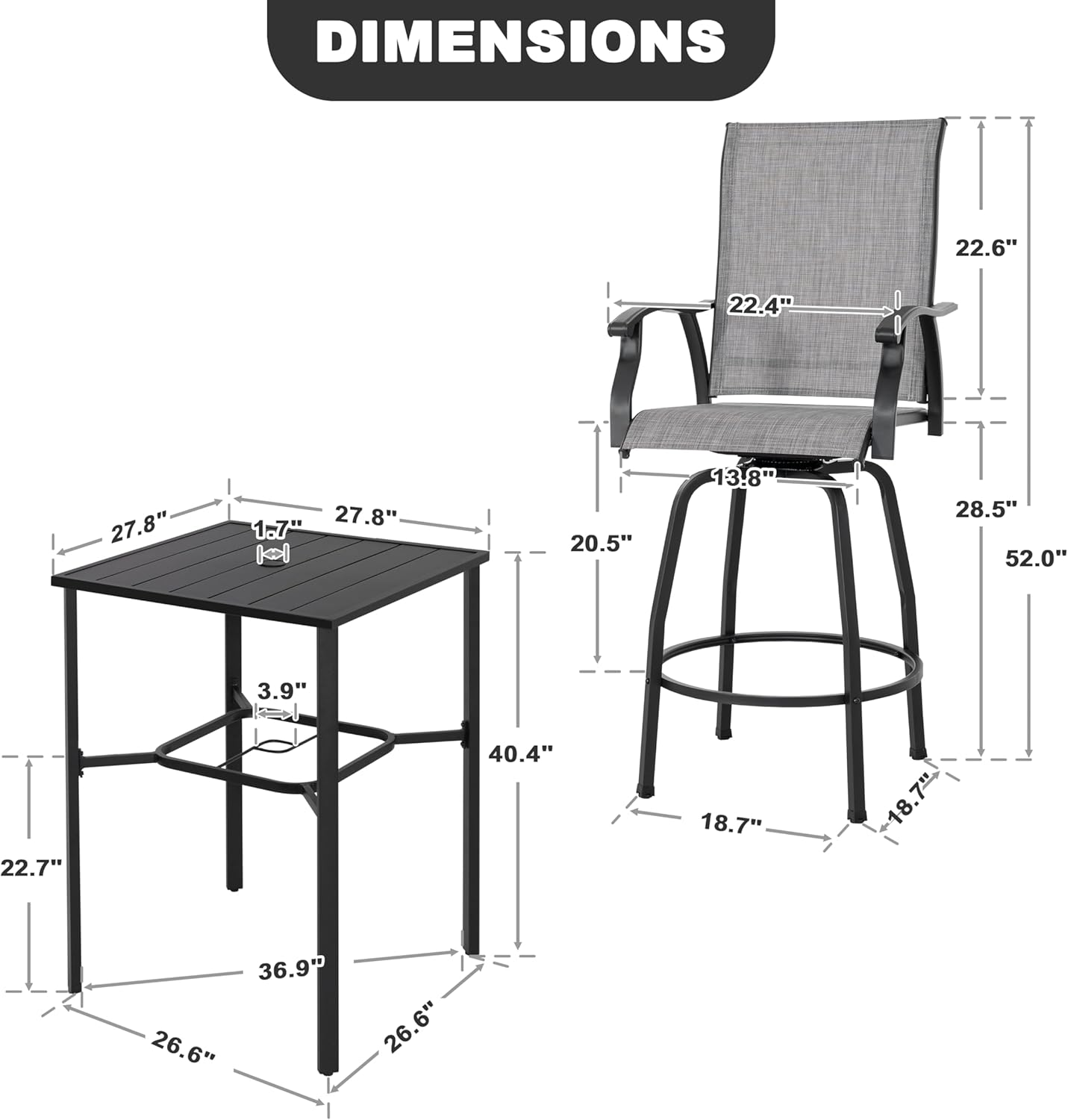 NUU GARDEN 5 Piece Patio Swivel Bar Set, All-Weather Textilene High Bistro Stools, Square Bar Table with Slatted Tabletop and Umbrella Hole for Sunroom, Backyard and Balcony