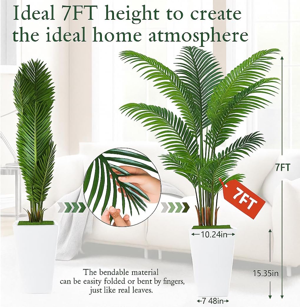 7FT Artificial Palm Tree, Tall Artificial Tree Plants with Fake Plants, Large Faux Plants Indoor with Lifelike Leaves for Outdoor Indoor Home Office Living Room Decor (White)