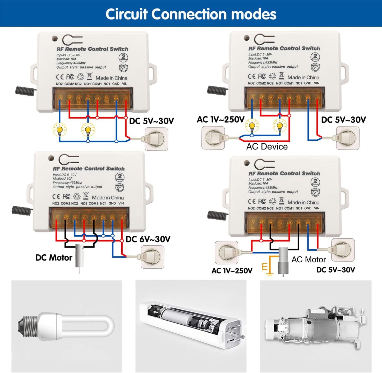 DieseRC 2 Channels Wireless Relay Remote Control Switch 433Mhz RF DC 5V 12V 24V 30V 10A Relay Receiver with 2 Transmitters Keyfob, Big Terminal Easy Wiring
