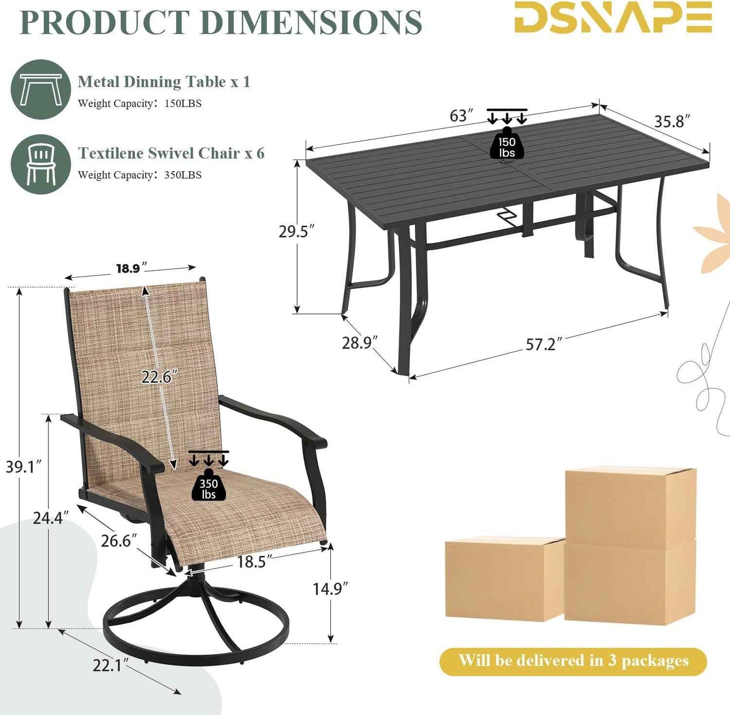 7 Pieces Patio Table and Chairs Set, 63" Metal Dining Table with Umbrella Hole, 6 High Back Textilene Swivel Chairs, Dining Table Set for 6, Outdoor Furniture for Porch Deck Yard Balcony, Brown