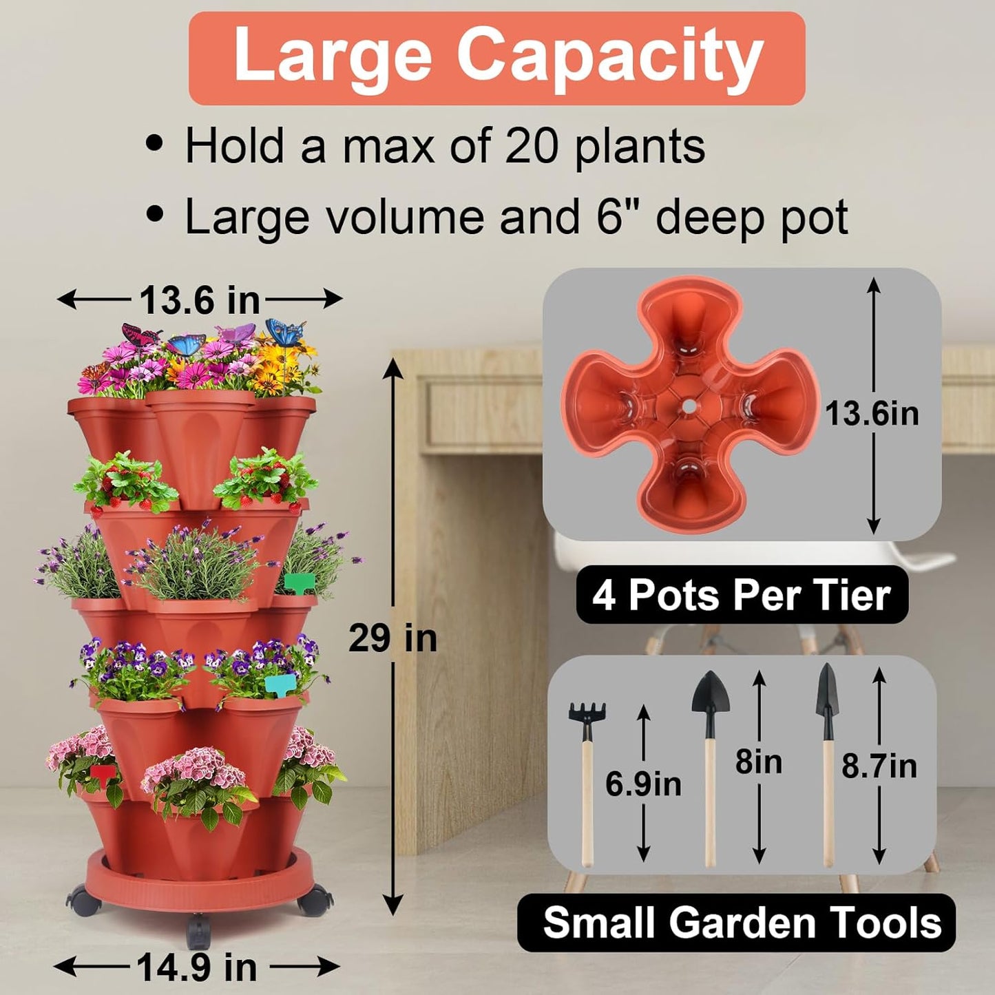 DUNCHATY Stackable Planter, Vertical Strawberry Planter with Garen Tool Set, Self Watering Garden Planter Indoor/Outdoor 5 Tier Herb Planter Pots for Growing Vegetables and Succulents, Clay Red