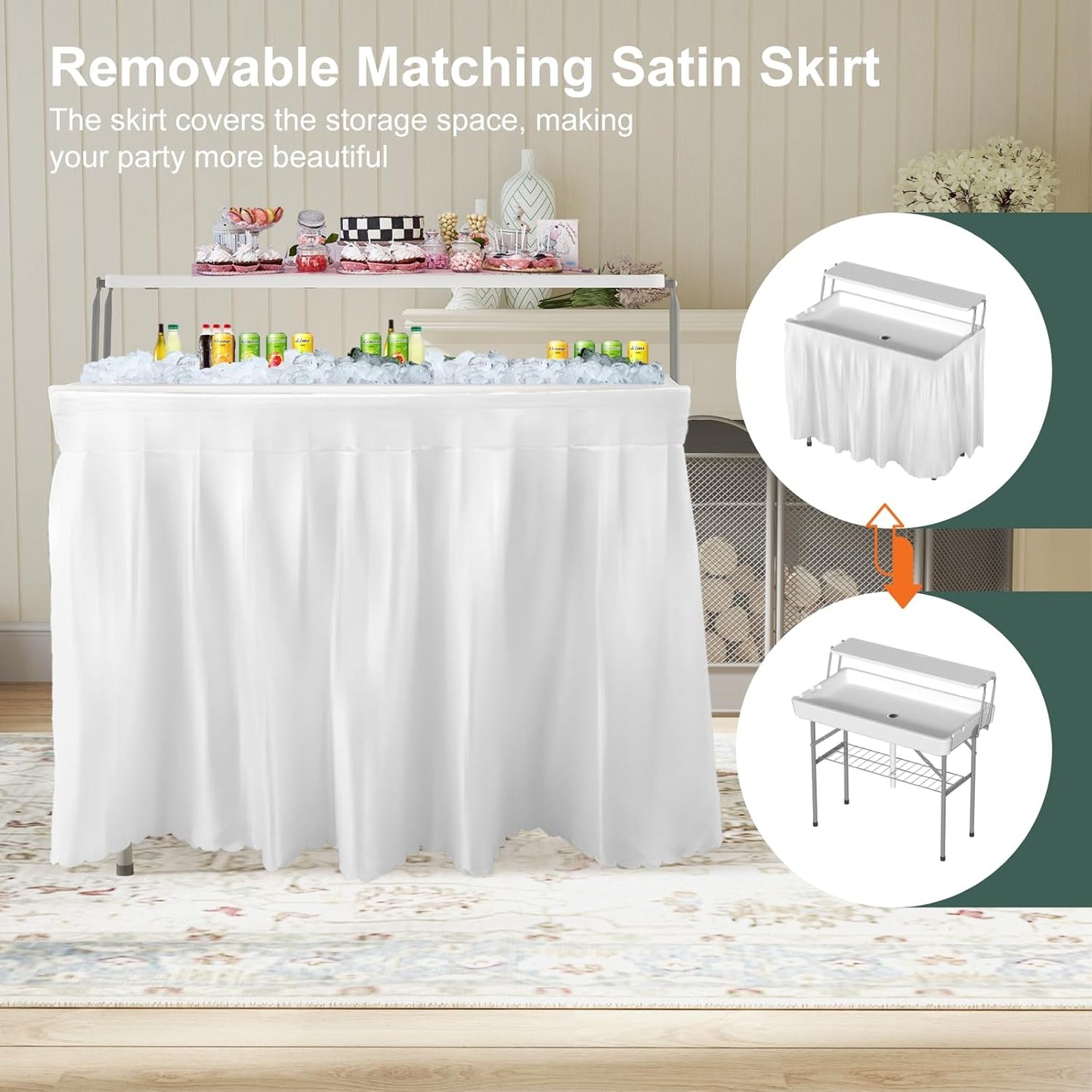 Ice Cooler Table with Drain, Two-Tier Plastic Folding Tables, with Removable Matching Skirt and Shelf, Indoor Outdoor Use for Party Camping Picnic Fishing Cleaning, 440 lbs Capacity