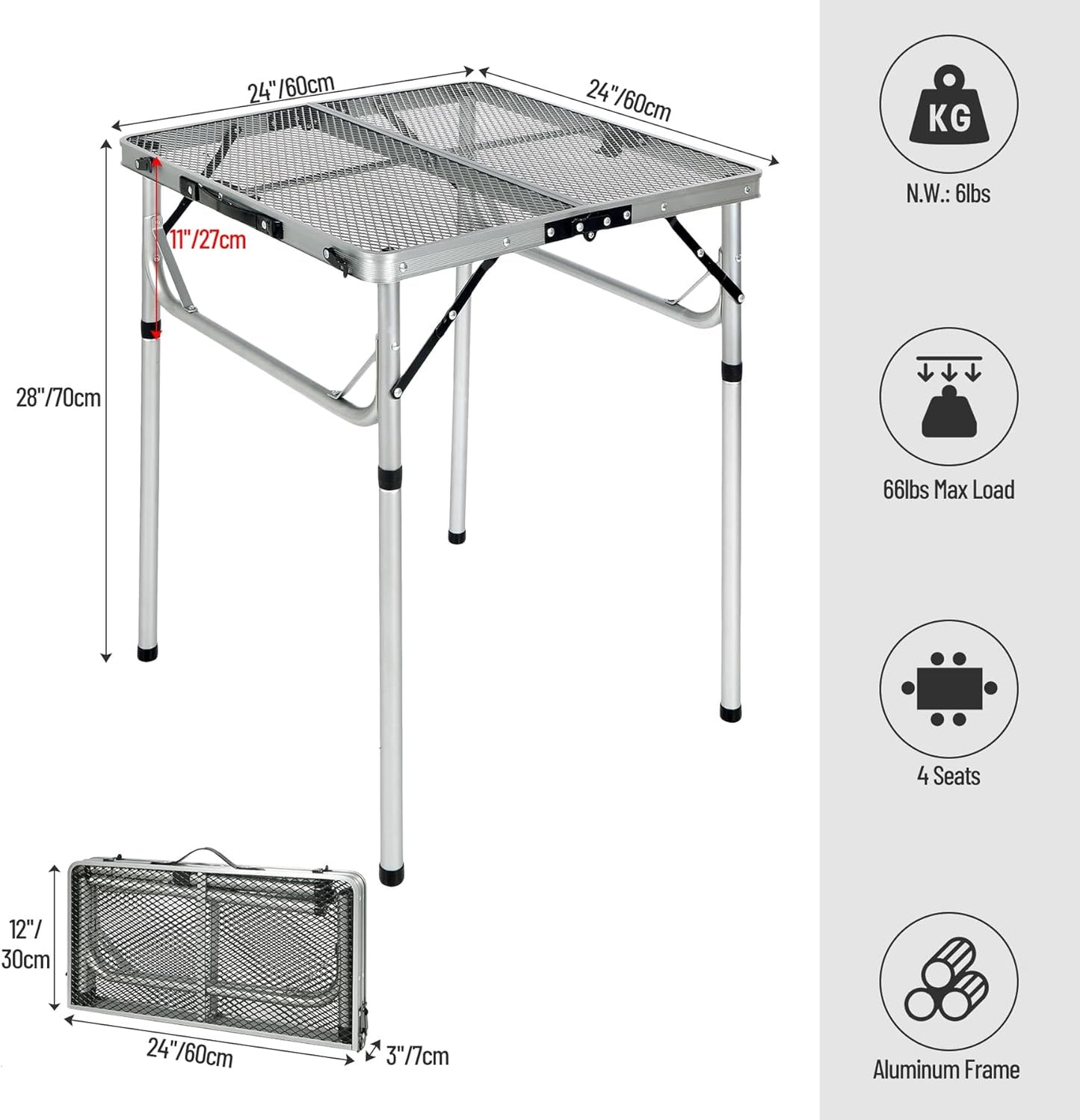REDCAMP 24" Square Folding Grill Table for Outside, Lightweight Portable Metal Aluminum Outdoor Grill Table with Adjustable Height Legs, Great for Camping Picnic Cooking BBQ, Silver 2ft