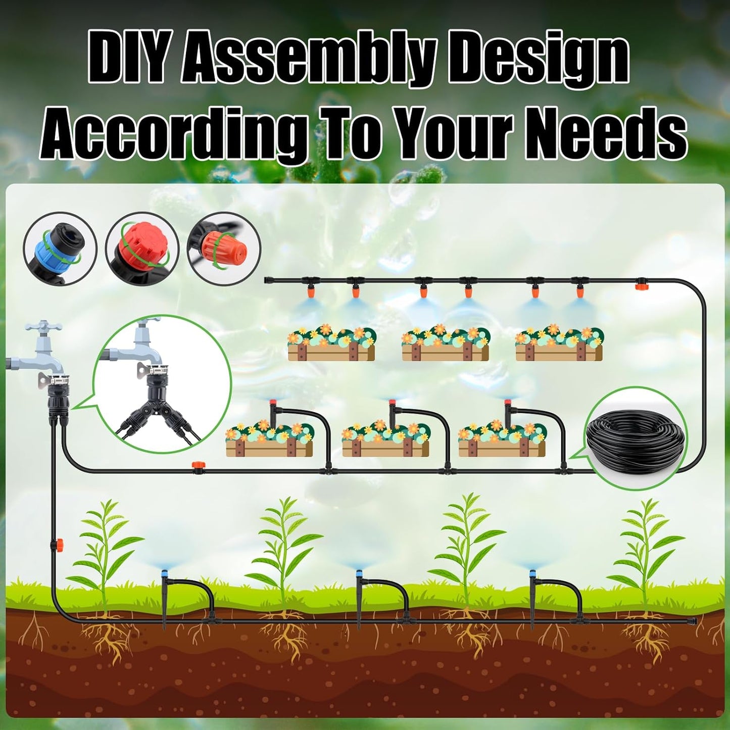 100FT Drip Irrigation System Kit, Automatic Watering System with 30 Adjustable Nozzles & 30M 1/4" Tubing – DIY Solution for Gardens, Greenhouses, Patios & Lawn – Effortless Plant Care + Water-Saving