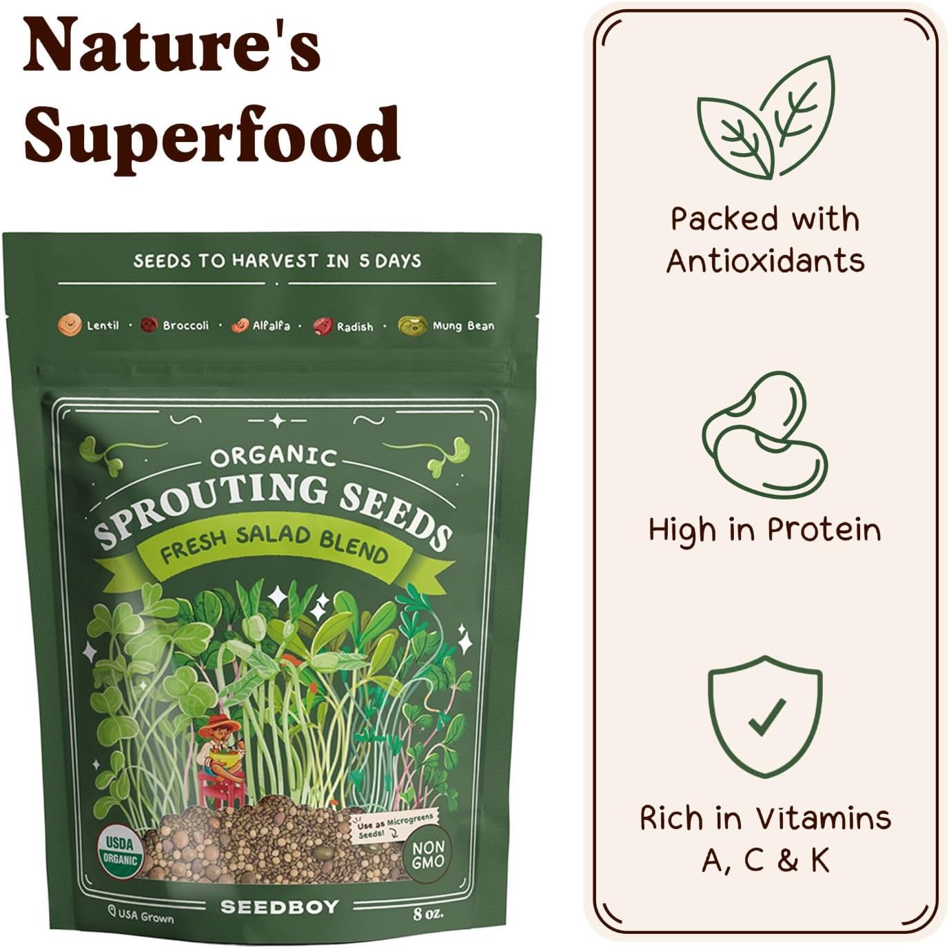 Seedboy Organic Sprouting Seeds - Salad Blend Variety- Non-GMO, USA Grown Microgreens Mix - Alfalfa, Broccoli, Radish, Mung Bean, Lentil - Makes 8 Quarts of Sprouts, 24 Servings (8 oz) (Salad Blend)
