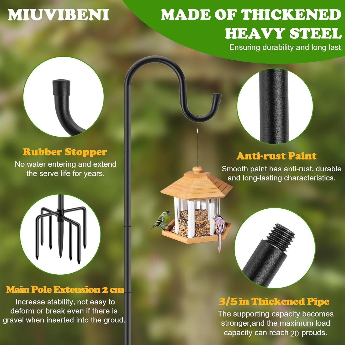 60" Shepherds Hooks for Outdoor, Heavy Duty Bird Feeder Pole for Hanging Lantern, Hummingbird Feeder, 7 Prongs Base Shepherds Hook for Bird Feeders Outside,1 Pack, Black