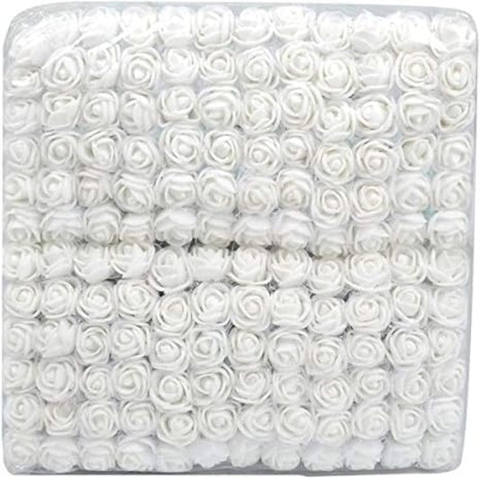 Mini Fake Rose Flower Heads 144pcs Mini Artificial Foam Roses DIY Wedding Flowers Accessories Make Bridal Hair Clips Headbands Dress (Bottom add Gauze) for Valentines Day,Wedding,Bridal Shower (White)