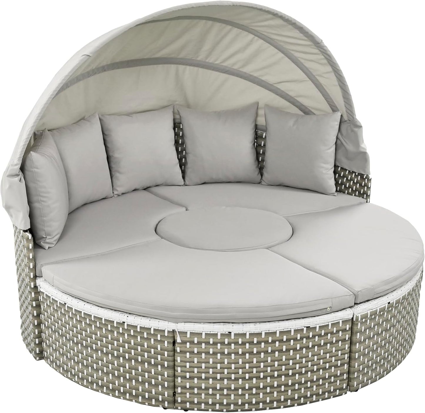 Merax Patio Furniture Round Outdoor Sectional Sofa Set, Rattan Daybed Two-Tone Weave Sunbed with Retractable Canopy, Separate Seating and Removable Cushion, Grey