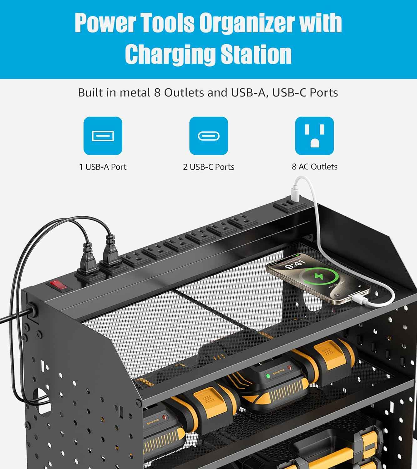 CCCEI Modular Power Tools Organizer with USB Charging Station, 4 Layer Drills and Battery Storage Wall Mount, Garage Shop Organization, Anniversary, Birthday, Gifts for Men, Father, 10FT Cord, Black.