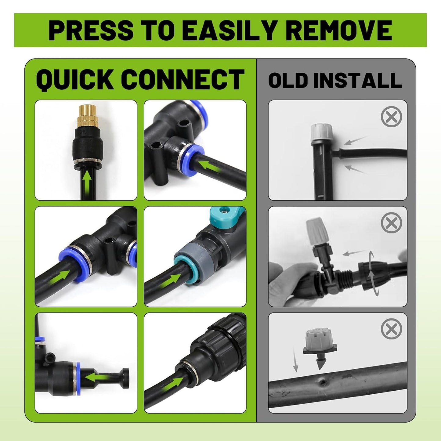 Drip Irrigation Kit - 100 FT. Hose Sprinkler System with 360° nozzles and T-connectors for Gardens, lawns, Plants, Flower beds, Trees, patios and hydroponics (Closeable nozzle-16)