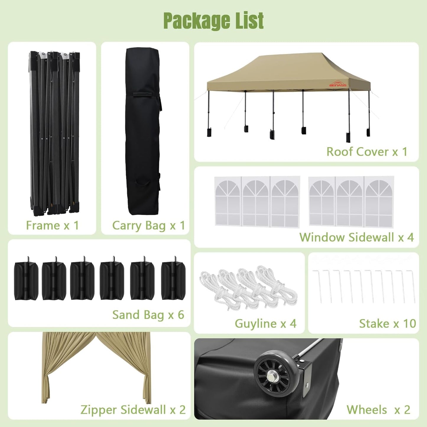 10x20 Heavy Duty Pop Up Canopy with 6 Sidewalls, 550D Commercial Easy Up Canopy Tent, Waterproof Outdoor Party Event Tent with Roller Bag, Khaki