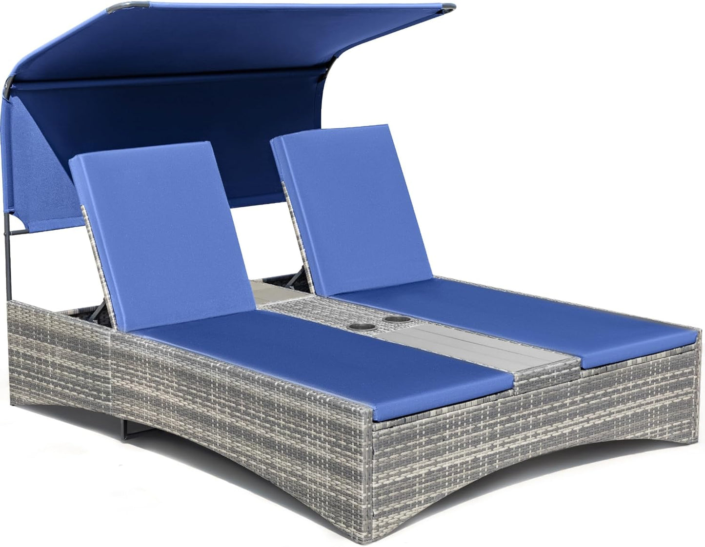 Flamaker Outdoor Double Chaise Lounge with Adjustable Canopy - 600LBS Capacity 2-Person Patio Daybed with Removable Cushions & Side Table, PE Rattan Sun Lounger for Pool, Garden, Backyard (Blue)