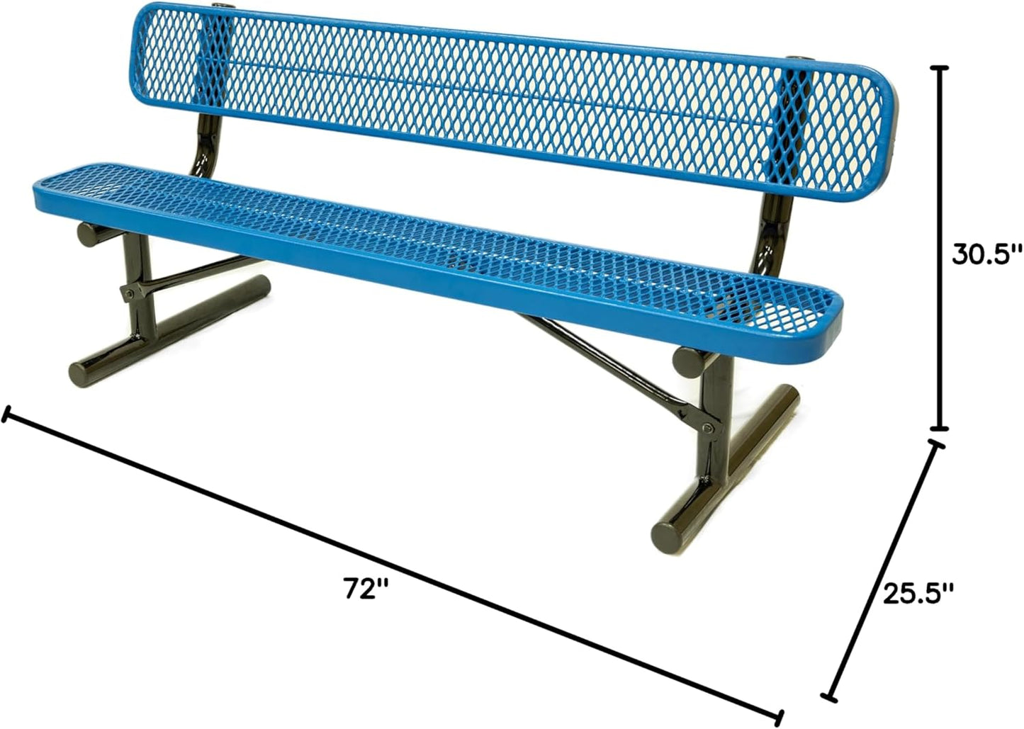 Heavy-Duty Portable Outdoor Bench Thermoplastic Coated, Expanded Metal, Commercial-Grade Seating, Made in America (Portable with Back, 6 Ft, Textured Light Blue)