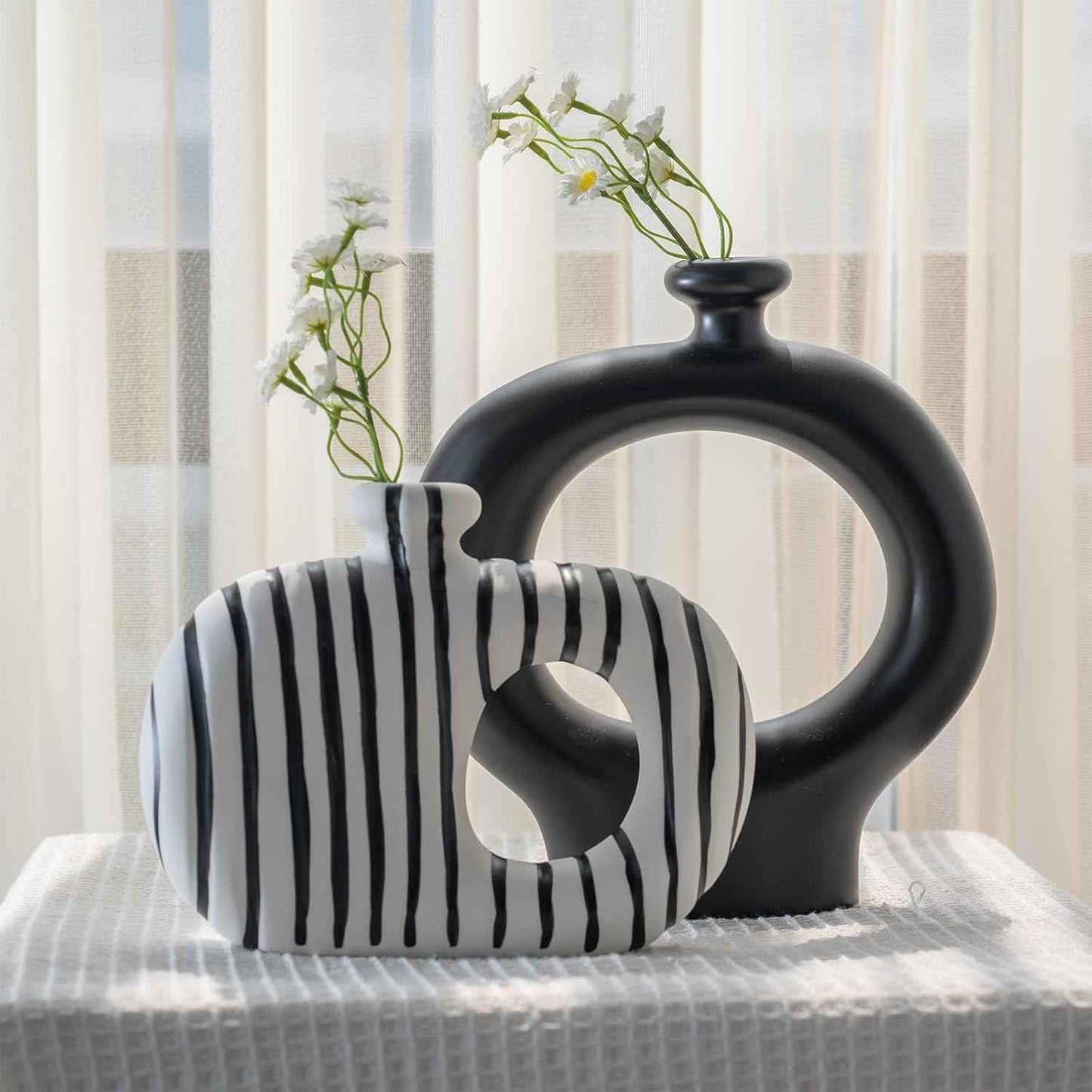Relexome Donut Vases Set of 2,Black & White Striped Hollow Ceramic Flower Vases,Modern Nordic Minimalist Round Decorative Vase for Pampas Grass,Dried Flowers,Living Room,Table Centerpiece & Home Decor