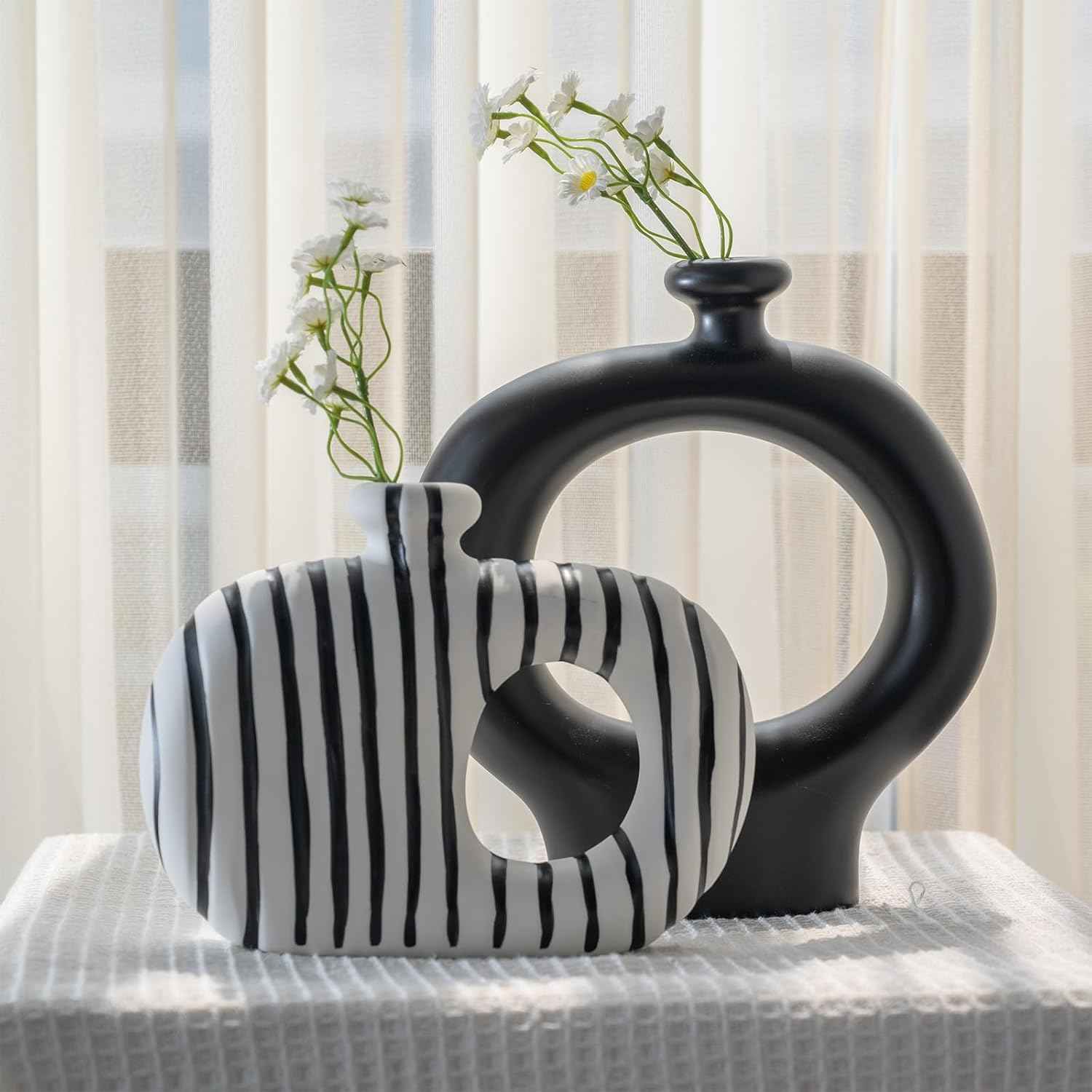 Relexome Donut Vases Set of 2,Black & White Striped Hollow Ceramic Flower Vases,Modern Nordic Minimalist Round Decorative Vase for Pampas Grass,Dried Flowers,Living Room,Table Centerpiece & Home Decor