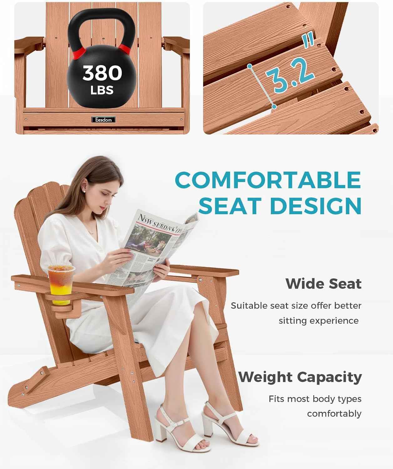 Folding Adirondack Chairs Set of 2, All-Weather HDPE Fire Pit Chair with 2 Cup Holders, Plastic Outdoor Chair for Patio Deck Garden Lawn, Teak