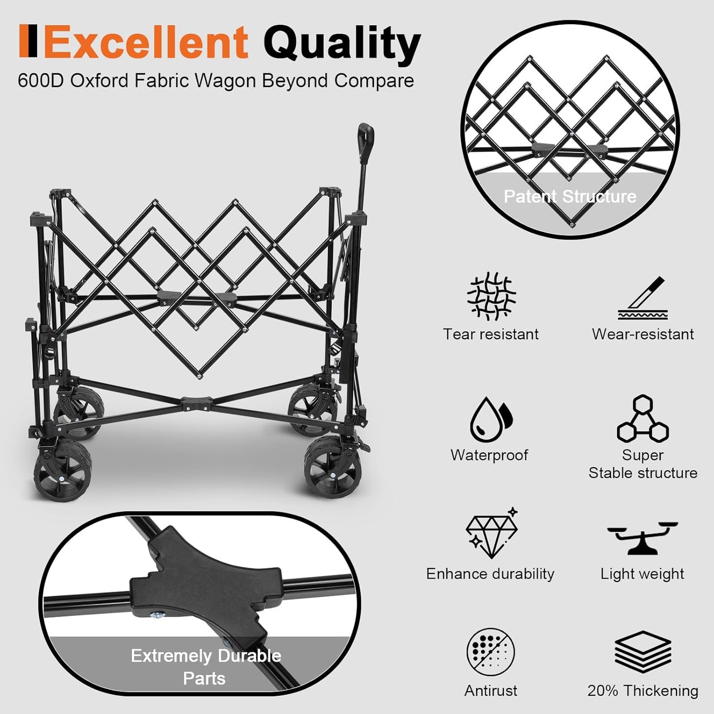 Fenbeli Double Decker Folding Wagon Heavy Duty Collapsible Utility Cart with 450LBS Load 400L Capacity All Terrain 7" Wheels Portable Foldable Wagon for Camping Sports Garden Shopping (Black)