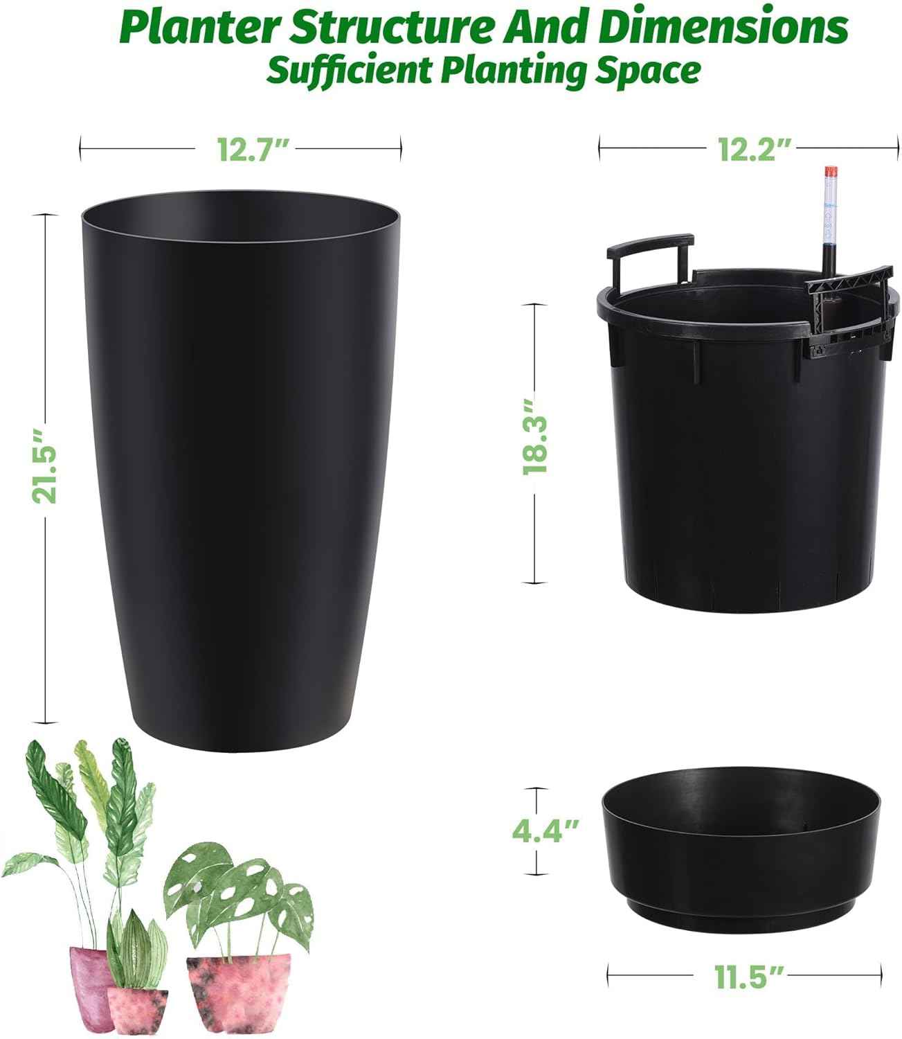 22" Tall Planter Set of 2, Self-Watering Pots, Large Plastic Flower Pots with Drainage & Water Level Monitor, Indoor Outdoor Use for Patio, Porch, Living Room, Office, White & Black