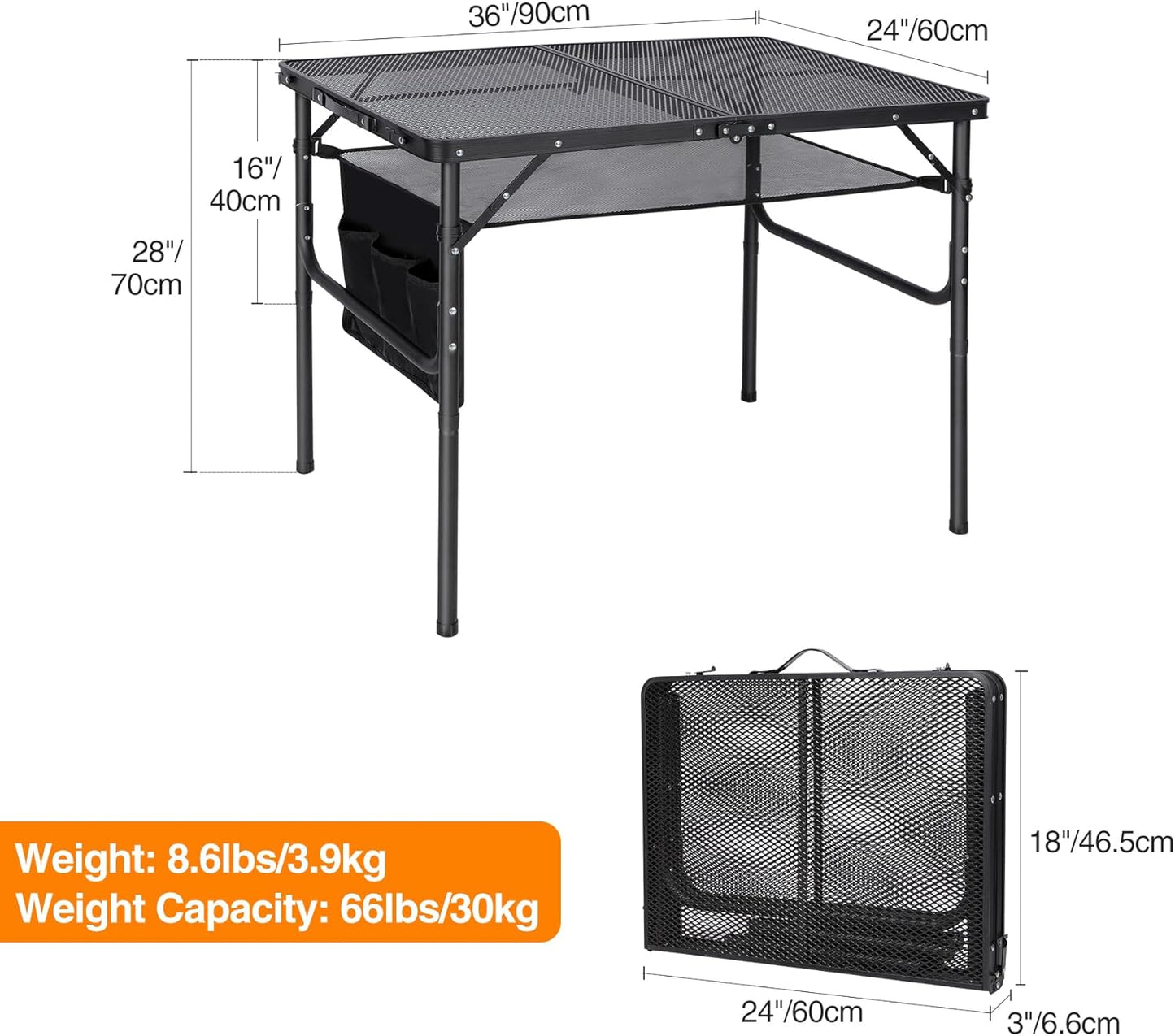 REDCAMP 36x24 Folding Grill Table for Outside, Lightweight Portable Metal Aluminum Outdoor Grill Table with Adjustable Height Legs, Great for Camping Picnic Cooking BBQ, Black 3ft