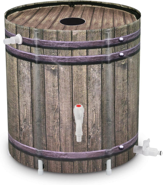 Rain Barrel,50 Gallon Collapsible Rainwater Collection with Spigots and Overflow Kit,Portable Plastic Rain Barrel with Filter, Anti-Collapse Rainwater Collection Container Woodgrain