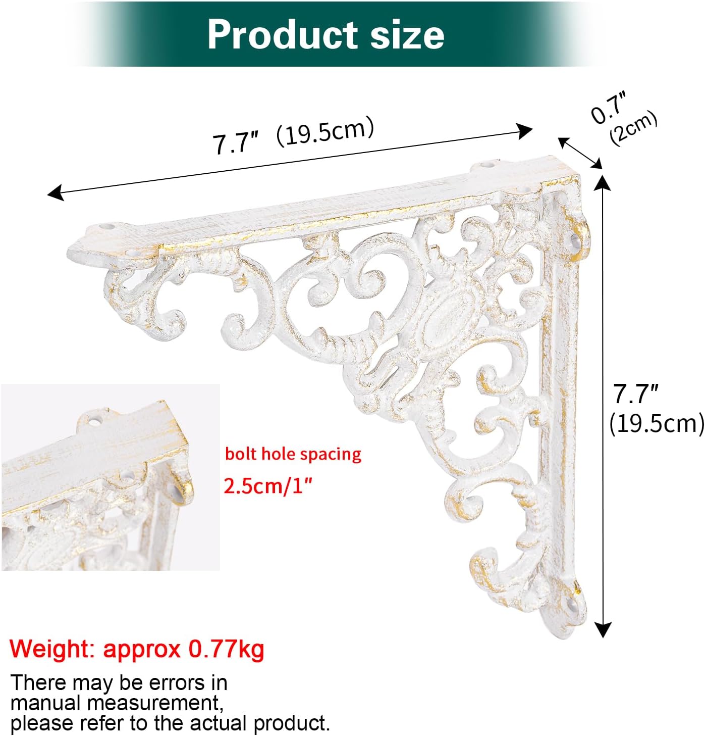 Sungmor Vintage Cast Iron Shelf Brackets - Ornate Decorative Corner Shelf Supports, 2 Pack Garden Wall Hanging Bracket - 7.7 Inch Rustic White Metal Corbels with Scroll Design, Indoor Outdoor Use