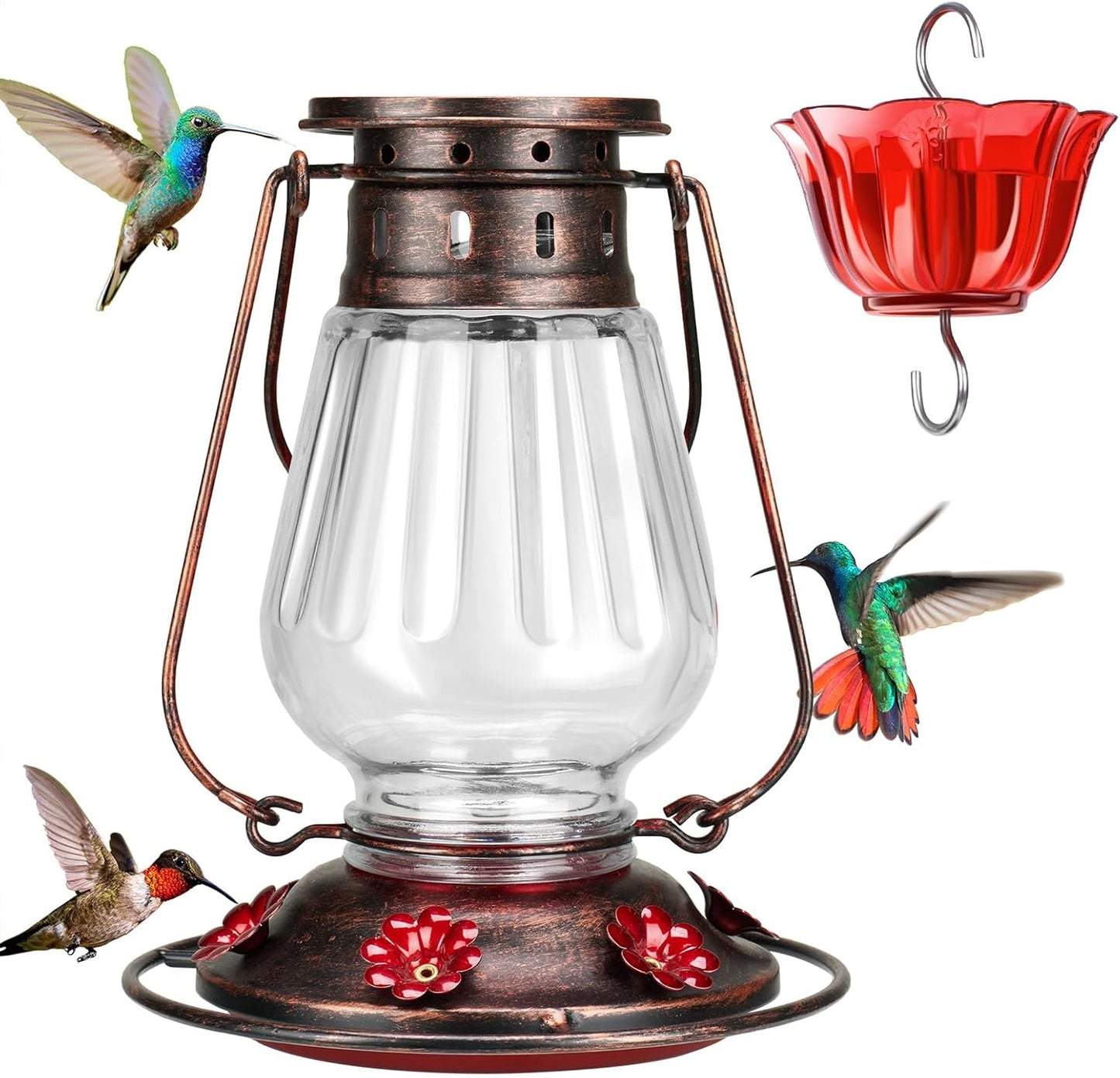 Kingsyard Glass Hummingbird Feeder for Outdoors Hanging - Vintage Lantern Style Leak-Proof Humming Bird Nectar Feeder with 6 Feeding Ports & Ant Moat for Outdoor Garden Decor, 24 Oz, Vintage Clear