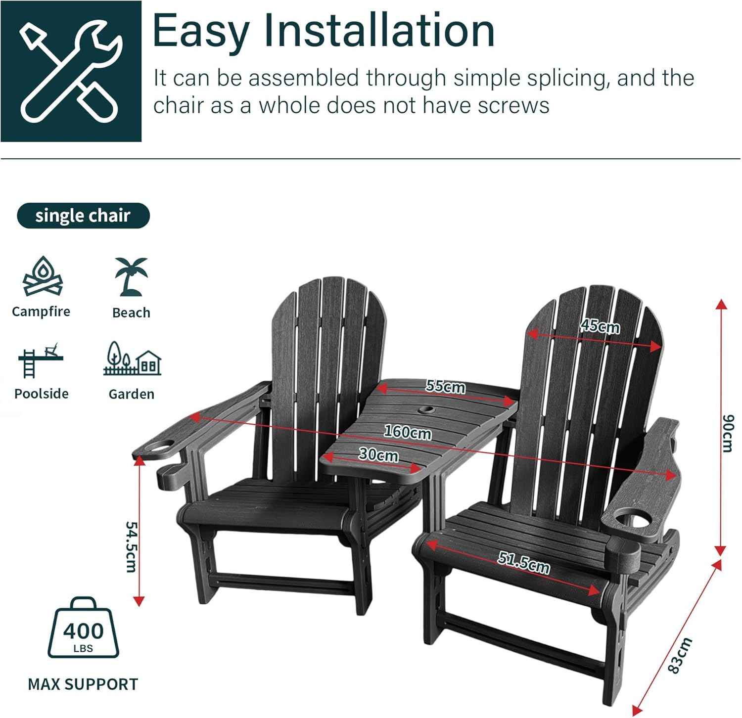 Adirondack Chairs Set of 2 Tool-Free Assembly,Removable Tabletop Tray,No Screws Needed,All-Weather HDPE Outdoor Patio Furniture Set with Cup Holders,Outdoor Lawn Chair for Patio Garden(Classic Black)