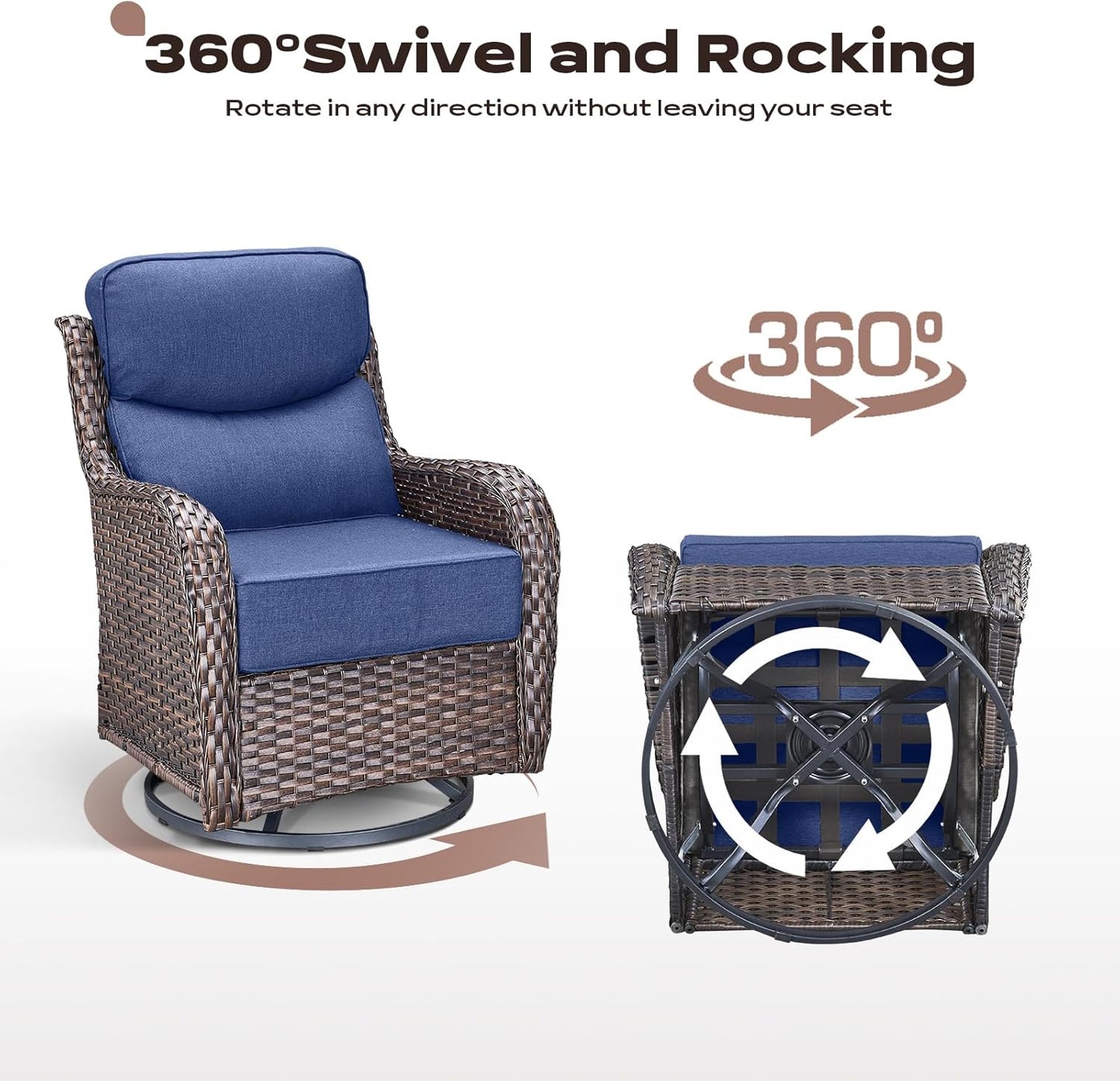 Wicker Outdoor Patio Furniture Set - 6 Piece Patio Conversation Sets with Swivel Rocker Chairs, Ottomans, Sofa and Side Table, 6 inch Cushions, Waterproof Wicker, for Porch Deck Brown/Blue