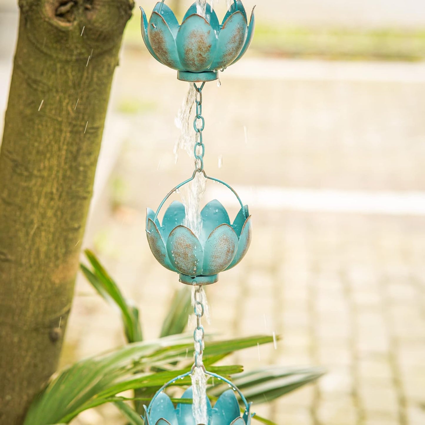 Topadorn 8.5 FT Rain Chain Iron Gutter Chains with 12 Rain Collector Thick Iron Flower Cups Garden Decoration,Lake Blue