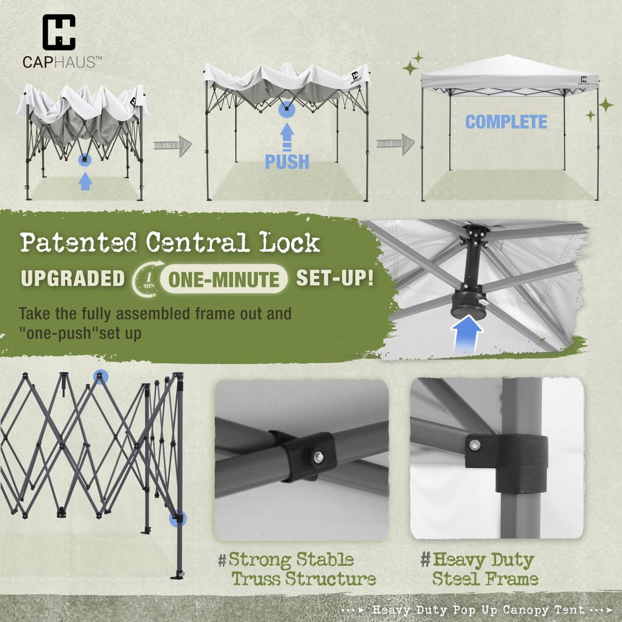 CAPHAUS Patented One-Push Pop Up Outdoor Canopy Tent, Heavy-Duty Commercial Grade w/Central Lock, Portable and Instant Folding Shelter with Wheeled Carry Bag and Weight Bag, 10ft x 10ft, White