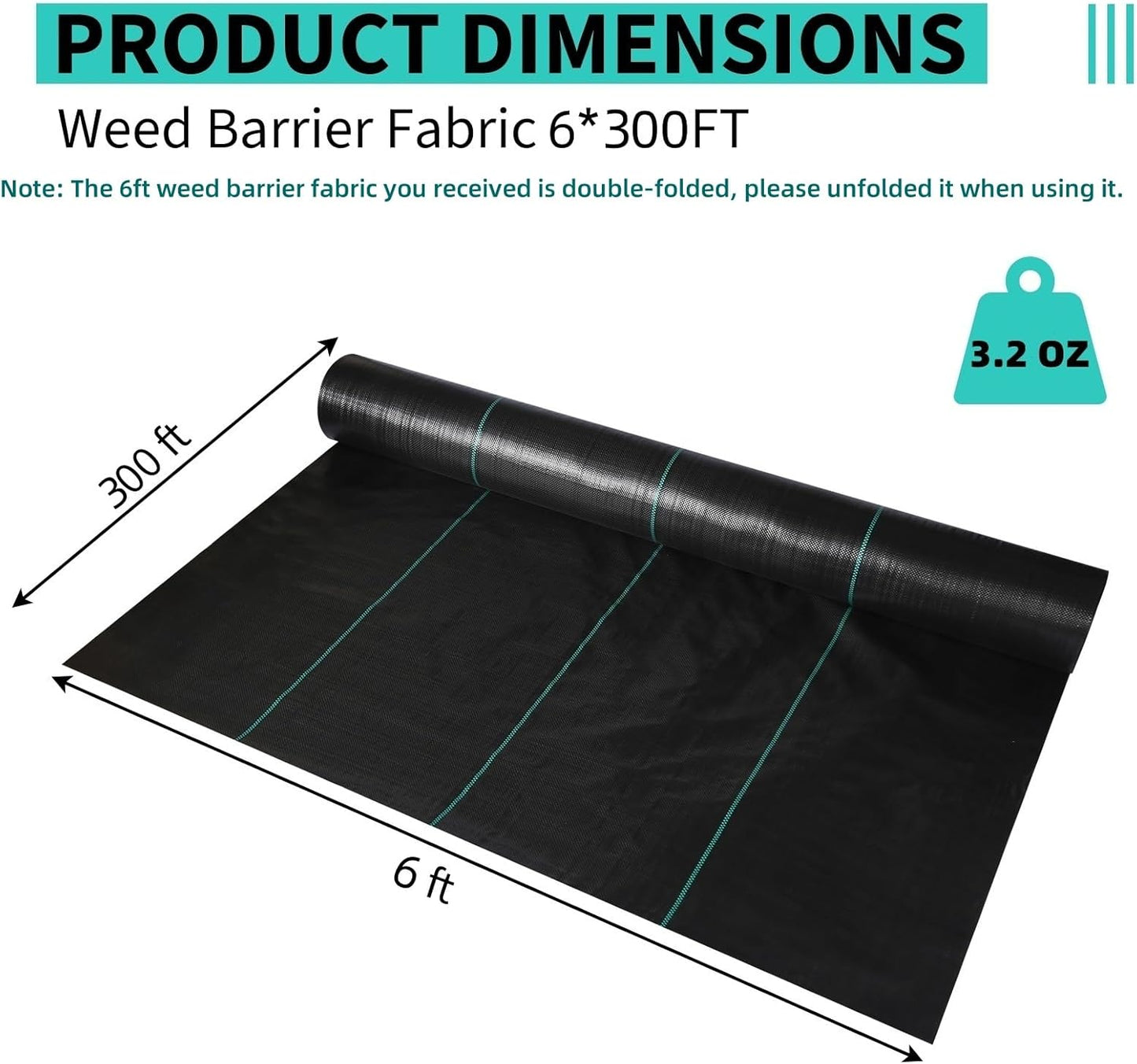 6 x 300 FT Weed Barrier Fabric,3.2 OZ Landscape Fabric,Heavy Duty PP Ground Cover for Gardening,Farming