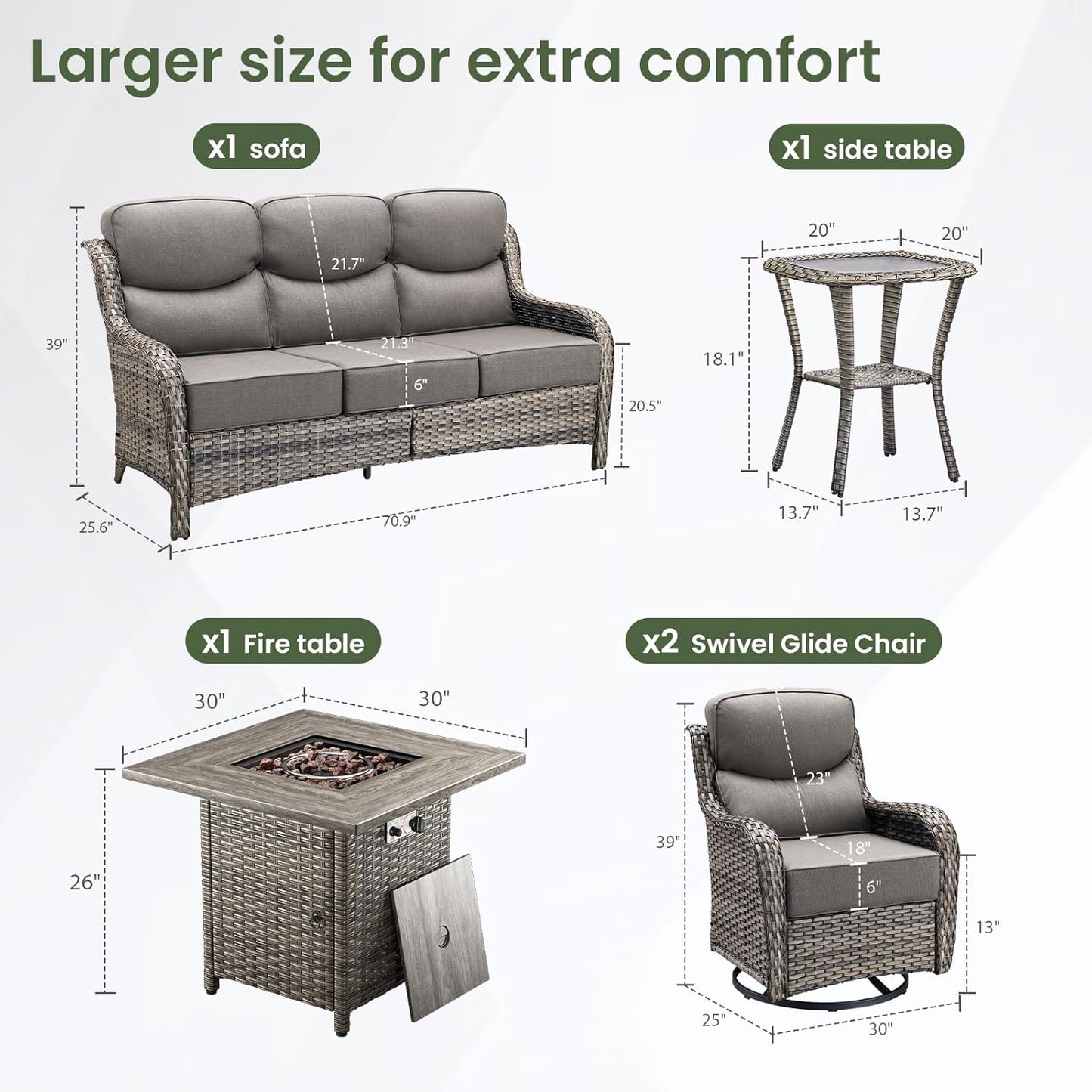 Luxury Patio Furniture Set with 6-inch Thick Cushion, Outdoor Furniture with Fire Pit Table, Swivel Chairs, Side Table, Sofa, 5pcs Wicker Conversation Set for Deck Yard Grey Wicker | Blue Cushion