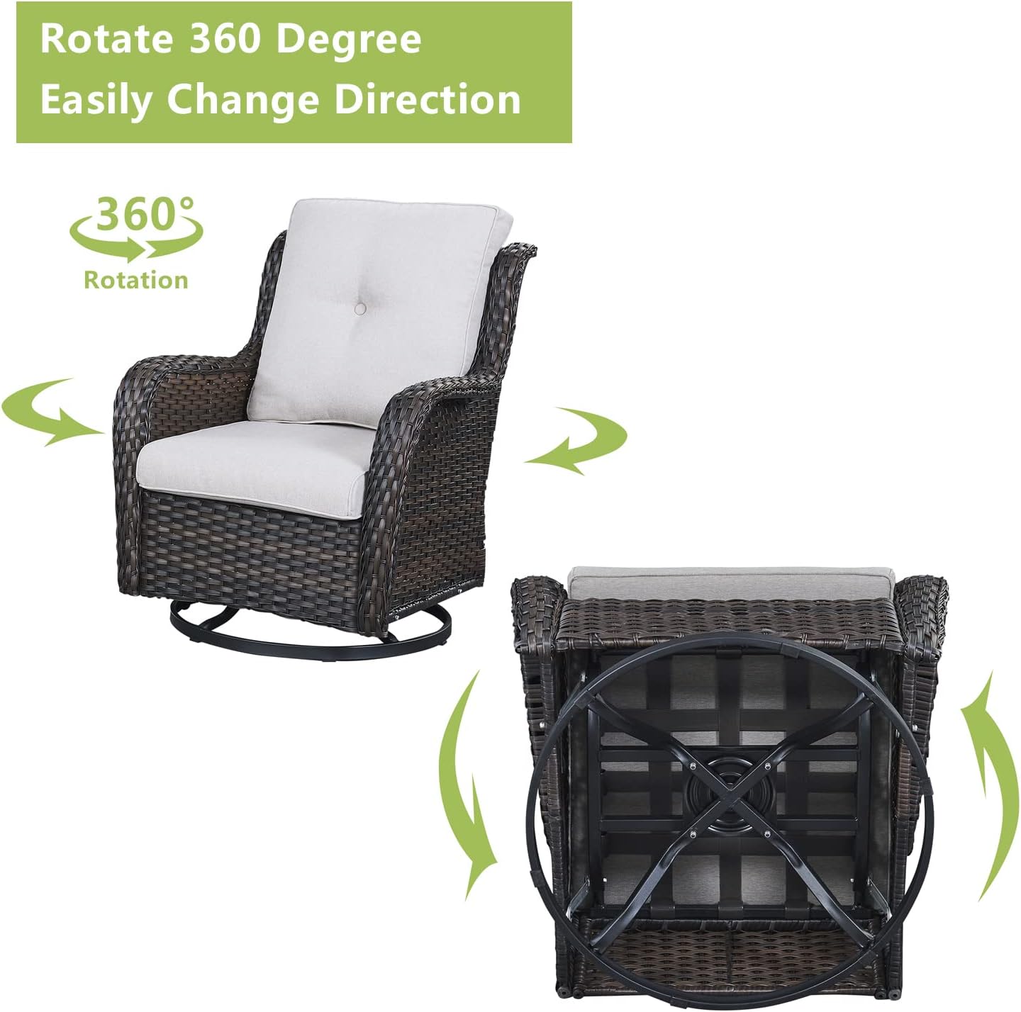 Outdoor Wicker Patio Furniture Set - 6 Piece Rattan Patio Conversation Set with 2 Rocking Swivel Chairs,2 Ottomans,1 Sofa and 1 Side Table for Porch Deck Backyard Garden(Brown/Beige)