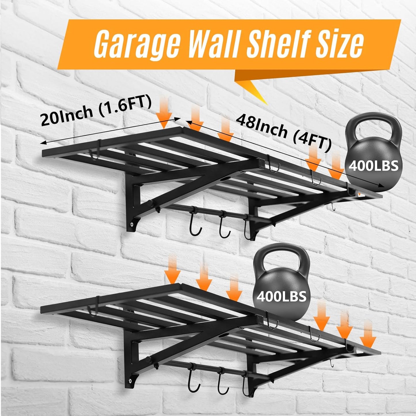 2-Pack 1.6X4 FT Garage Shelving Wall Mounted Holds Up to 800 Lbs Heavy Duty Wall Shelf, Black Metal Floating Adjustable Wall System Shelves for Garage Storage, Shed