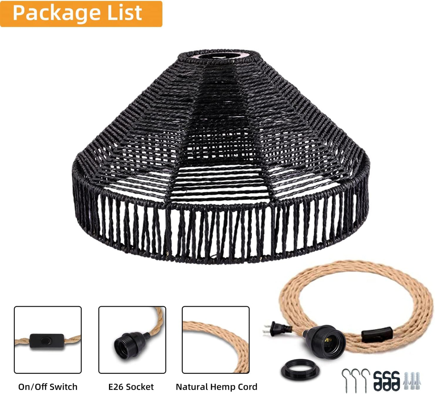 Plug in Pendant Light Rattan Hanging Lamp with On/Off Switch 15 Ft Hemp Rope Modern Woven Pendant Light Fixtures 12" Handwoven Rattan Basket Shade Boho