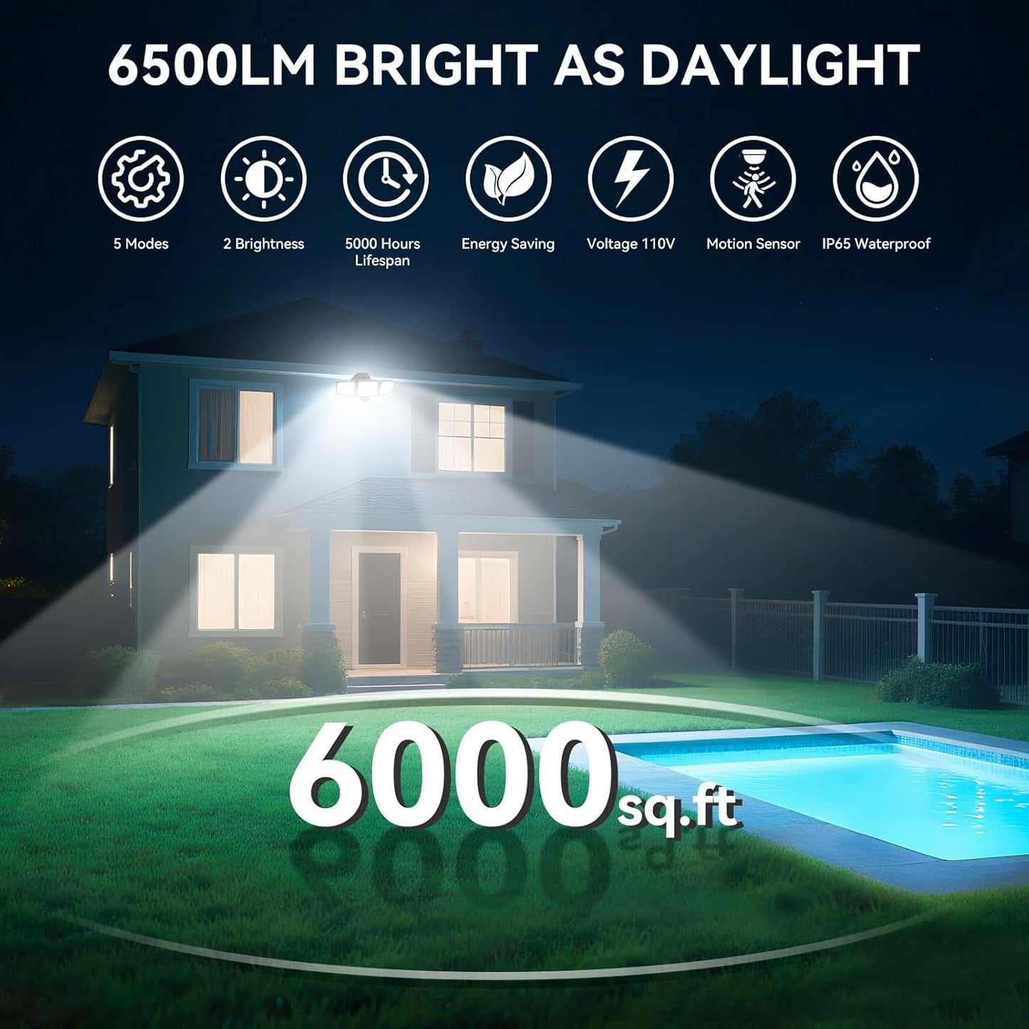 65W LED Flood Lights Outdoor, 6500LM, Waterproof, 6500K Motion Sensor Flood Lights Outdoor with Adjustable 3 Head Detected Floodlight for Outside Entryway Garage, Yard, Porch