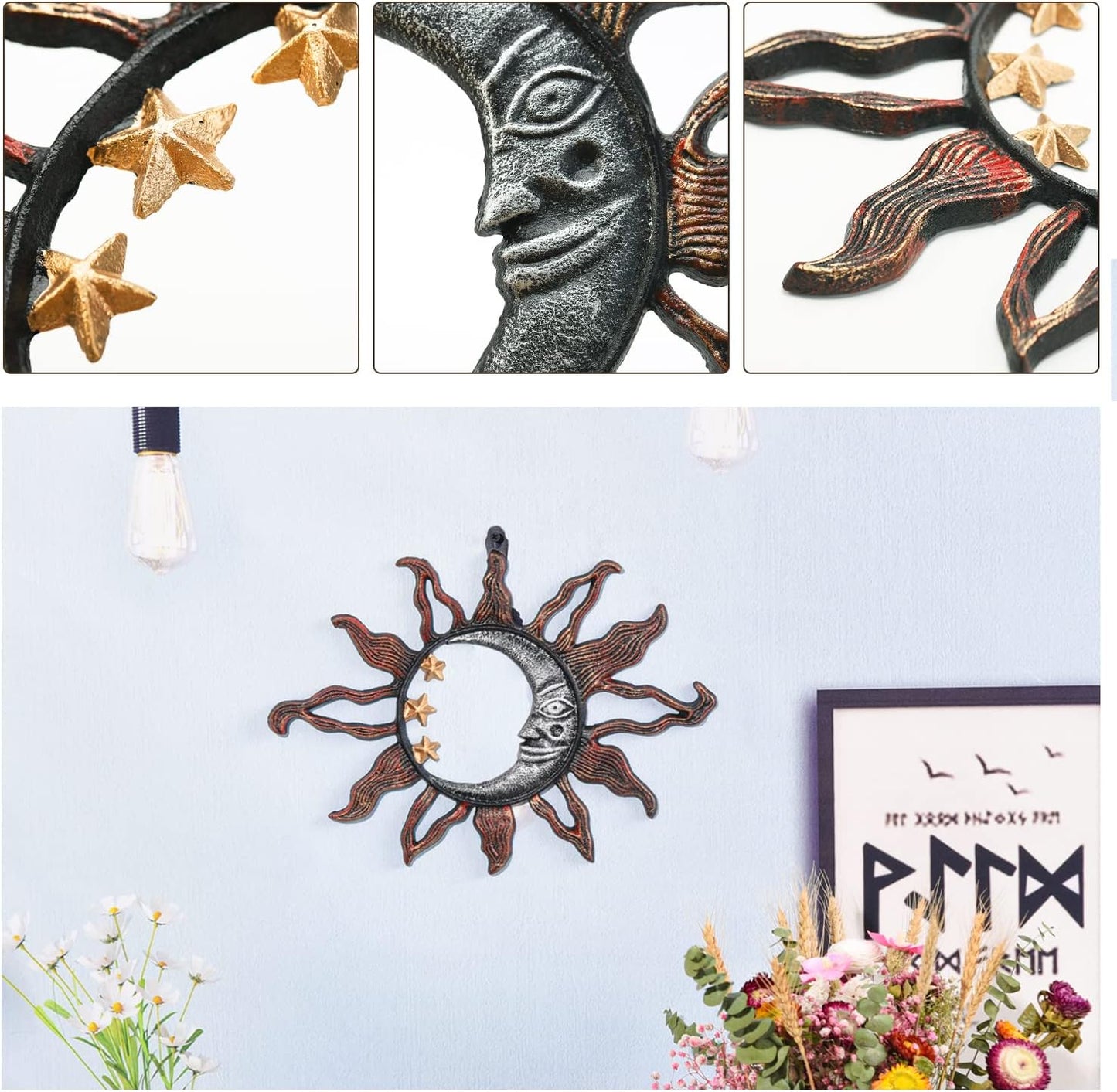 Sungmor Cast Iron Moon & Sun Face Wall Decor, Sturdy Metal Wall Art Sculpture, Outdoor Garden Yard Fence Decorative Plaque, Pretty Vintage Hangings for Farmhouse Indoor Wall, Unique Home Accent Gift